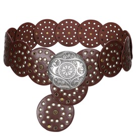 LEACOOLKEY Women Wide Concho Leather Belts Western Disc Waist Belts Ladies Western Belt Boho Disk Concho Belt for Dress