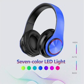 Over Ear Kids Bluetooth Headphones, Colorful LED Lights Headphones with Built-in Mic, Wired & Wireless Lightweight Foldable HiFi Stereo Headset for Classroom, Home, Gift, Tablet, Adult, Game(Blue)