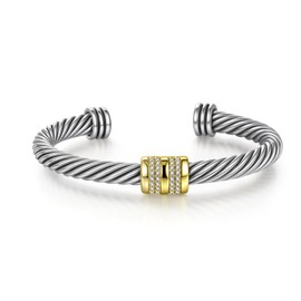 Wiilkac Cuff Bracelets for Women Two Tone - Cable Bangle Bracelet Twisted Silver Wire - Cubic Zirconia Vintage Mixed Metal Cuff Bracelets Jewelry Gift (Cubic Zirconia 1)