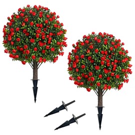 Set of 2 Artificial Rose Topiary Ball Trees with Ground Spike for Outdoor, 26 Inch Realistic Faux Greenery Shrubs with Rose, UV Resistant Fake Evergreen Bushes Plants for Garden Yard Porch Decor (Red)