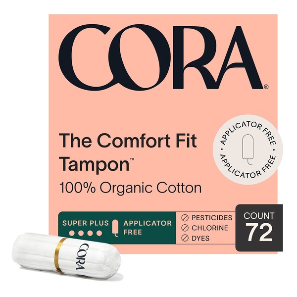 Cora 100% Organic Cotton Non-Applicator Tampons | Ultra-Absorbent, Unscented, Natural, Non-Toxic, Applicator Free | Eco-Conscious (72 Super Plus Tampons)