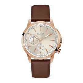 GUESS Men's 44mm Watch - Brown Strap White Dial Rose Gold Tone Case