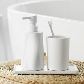Small Soap Dispenser for Bathroom and Kitchen, Modern Farmhouse Striped Style Plastic Hand Soap Dish Soap Dispenser with Pump Matte White
