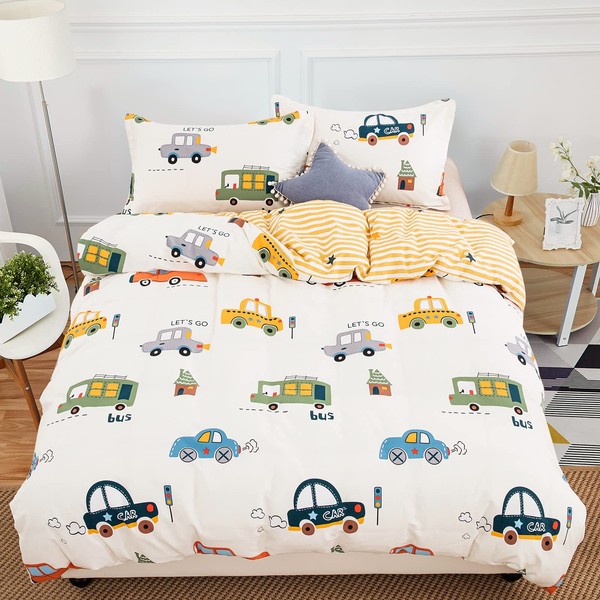 Cars Bedding Set fit to Junior Toddler Cot Bed Duvet Cover Purified Cotton with Pillow Case for Girls Boys(2 Pcs, 120x150cm)