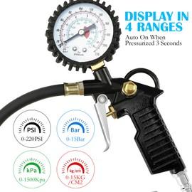 TNSLAND Digital Air Pressure Gauge Tyre Inflator, 220 PSI Tyre Pressure Gauge, Multifunction Tyre Pressure Gauge, Compressor Accessories with Valve Core Tool, Tyre Inflator Calibrated Black