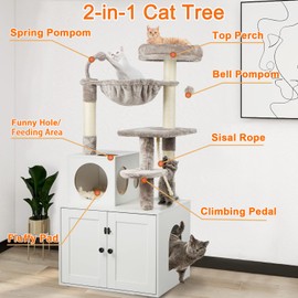 Timberer Cat Tree with Litter Box Enclosure, 2-in-1 Cat Tower for Indoor Cats, Large Wood Cat Condo with Basket, Scratching Posts, Pompoms, White