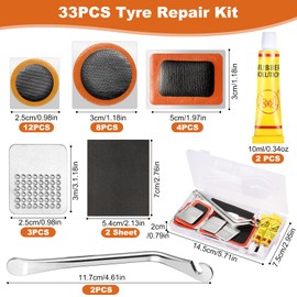 33Pcs Portable Cycling Tire Patch Set, Bicycle Tyre Repair Kit, Bike Puncture Repair Kit, Inner Tube Puncture Repair Kit with Levers Metal Rasps Glues Sandpaper Case for Commuter Bikes BMX Motorcycle