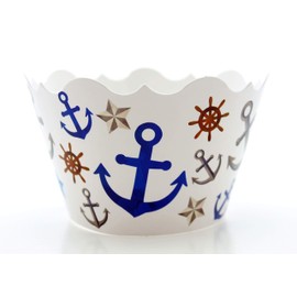 Anchor Party Supplies Cupcake Wrappers (12 Pack) - Ahoy Mate! Baby or Bridal Shower Decorations, Nautical Birthday Party Theme Decor, Navy Blue Wedding Supply