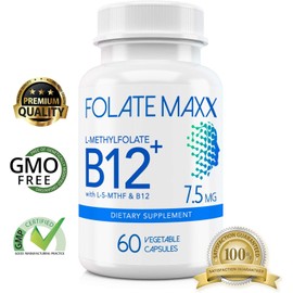 FolateMaxx L-Methylfolate + B12 Methylcobalamin Blend 7.5mg - 60 Capsules - Active Folic Acid & Methylated B12 - 5-MTHF & B12 Supplement for Men & Women - Non GMO, Gluten Free, No Fillers