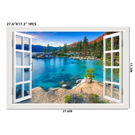 THNWSY 3D Self-Adhesive Painting Fake Window Wall Stickers Tropical Island with Palm Trees Wall Mural Window View Wall Decor for Home (M, 27.6"×17.3")