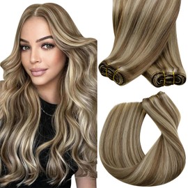 Sunny Hair Weft Hair Extensions Human Hair Sew in Extensions Human Hair Straight Real Hair Extensions for Women 24inch Ash Brown Highlighted Platinum Blonde