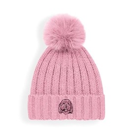 The House Of Dog Cockapoo Owner Gift. Faux Fur Pom Pom Chunky Knit Super Soft Unisex Embroidered Beanie Hat Pink