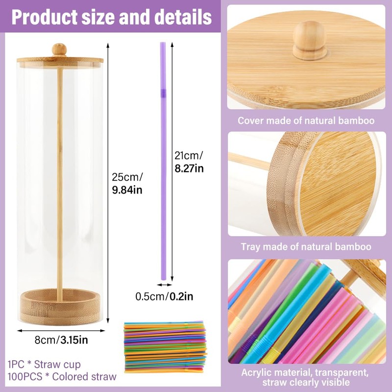 10 Inch Acrylic Straw Dispenser with Bamboo Lid, 100 Colorful