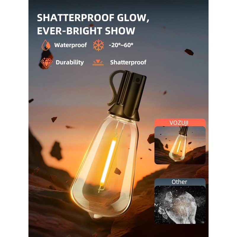 VOZUJI Outdoor Patio String Lights 50ft: ST38 LED Shatterproof Bulbs