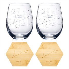 The Wine Savant Set of 2 Zodiac Sign Wine Glasses with 2 Wooden Coasters Astrology Drinking Glass Set with Etched Constellation Tumblers for Juice, Water Home Bar Horoscope Gifts 18oz (Pisces)