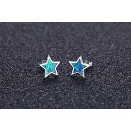 VIKI LYNN 925 Sterling Silver Blue Opal Star Stud Earrings Small Hypoallergenic Earrings for Women Girls, Sterling Silver Sterling silver 18K White Gold Plated Synthetic opal, Artificial opal.