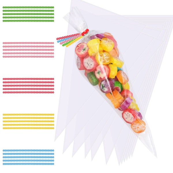 Faburo 100pcs Cone Bags for Sweets Clear Cellophane Bags and Ties for Party Christmas and Festivals