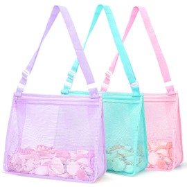 Tagitary Beach Toy Large Mesh Beach Bag with Zipper Sand Toy Seashell Bag for Holding Shells Pool Bag Swimming Accessories for Kids Teens(Only Bags,A Set of 3)