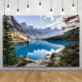 YongFoto Canadian Moraine Lake Backdrop 5x3ft Mountains Forest Pine Park Outdoor Nature Scenery Photography Background Party Banner Decor Travel Portraits Photoshoot Wallpaper Photo Studio Props