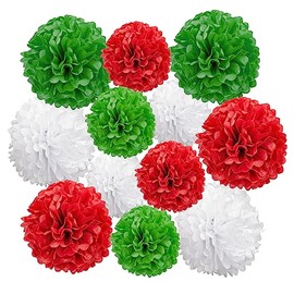 12pcs Red,Green and White Paper Pom Poms Decorations for Christmas Party Ceiling Wall Hanging Tissue Flowers Decorations - 3 Colors of 12 Inch, 10 Inch.