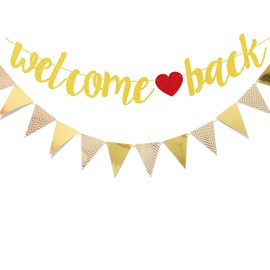 Glitter Welcome Back Garland with Bunting, Welcome Home Banner Gold, Paper Welcome Back Garland, Welcome Home Decoration, Welcome Garland for School, Classroom, Family Decoration