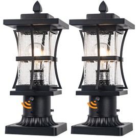 2 Packs Dusk to Dawn Outdoor Post Light Fixture with Pier Mount Base - Black Outdoor Pole Lighting, Waterproof Pillar Lantern, Modern Outside Column with Seeded Glass for Pathway, Garden, Patio,
