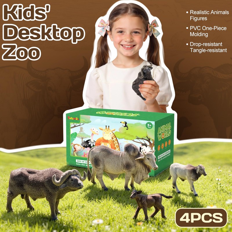 Totsmile 4PCS Farm Animals Cow Figurines, African Buffalo Bull Toys