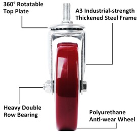 Finnhomy Swivel Caster Wheels 5 Inch Threaded Stem Casters Set of 4 Heavy Duty 1/2"-13 x 1 Anti-wear Polyurethane Industrial Castor Wheels for Cart/Furniture Load Bearing 2200 Lbs Smooth Casters Red