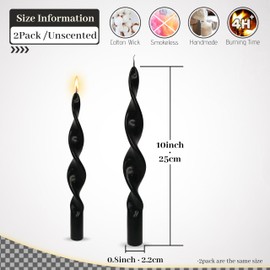 Black Spiral Taper Candles 10 Inch Long Candlesticks Unscented Twisted Candles Smokeless Swirl Candles for Home Holiday Decor