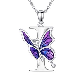 LONAGO Initial I Necklace for Women 925 Sterling Silver Purple Butterfly with A-Z 26 Letters Pendant Necklace for Graduation Gifts