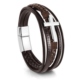 Hamoery Leather Cross Bracelet for Men Braided Stainless Steel Bracelets Gift for Him Dad Husband Brother Son Grandson