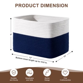 Homsorout Rope Storage Bins - 12'x10'x9' Decorative Woven Basket with Handles, for Blankets, Laundry & Home Shelves (4 Pack, White & Navy Blue)