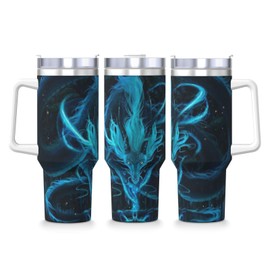 PTONUIC Blue Dragon - Vaso de 40 onzas con asa y tapa de popote, taza aislada reutilizable, botella de agua de acero inoxidable, portavasos de viaje, regalo para mujeres, hombres, él ella