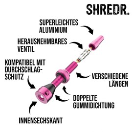 Shredr. Tubeless Valve Set, Complete Set Including Valve Tool and Tubeless Syringe, Super Light Aluminium, Tubeless Valves Colourful Anodised French Valve Presta (Pink, 44 mm)