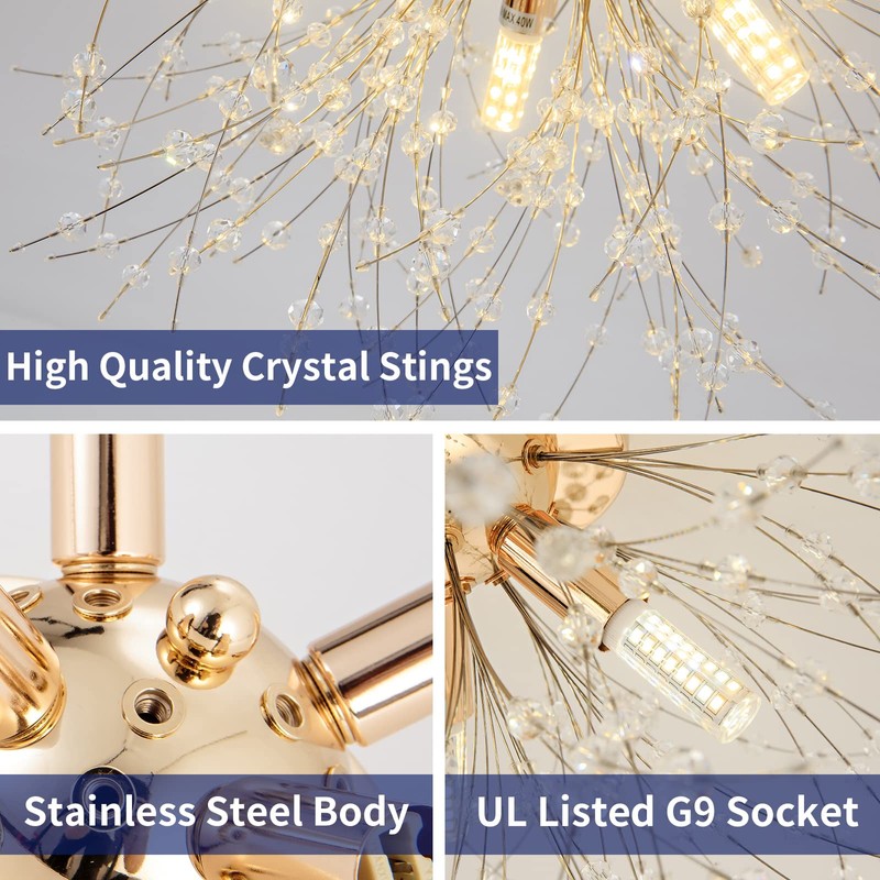 Modern Small Crystal Ceiling Light Fixture, 4-Light Gold Crystal Sputnik