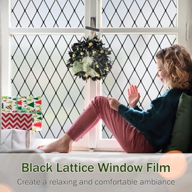 VELIMAX Frosted Black Lattice Window Film Static Cling Window Privacy Films Decorative Glass Vinyl Film for Windows Removable Sun Blocking Anti-UV 29.5x78.7 inches