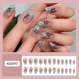 Blue Plaid Press on Nails Medium Almond Light Therapy False Nails Rhinestones Design Full Cover Coffin Nails Stars Artificial Stick on Nails Reusable Glue on Nails for Women DIY Manicure Kit 24Pcs