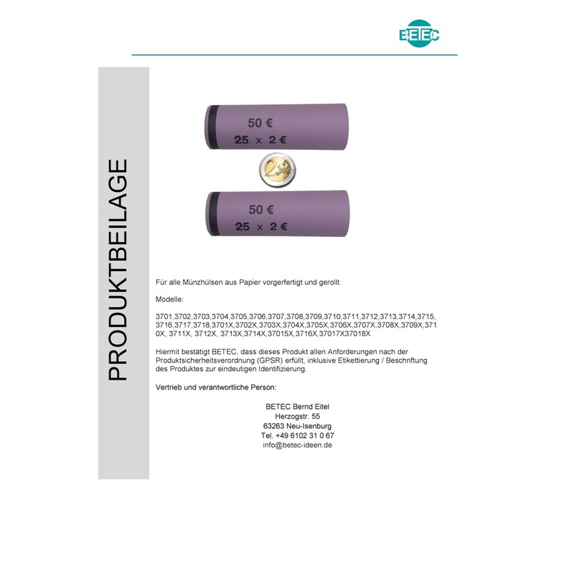 3709 Euro Coin Tubes, Ready-Made and Rolled for 2 cent