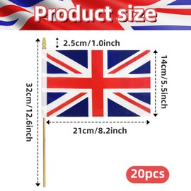 Pack of 20 Handheld UK Flags 5x8 Inch, Small British Union Jack Flag on Wood Sticks with Gold Spear Top, Mini UK Flags for Parades, British National Day, International Event, and Patriotic Decorations