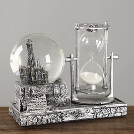 LED Music Crystal Snow Globe with Hourglass Vintage Paris Eiffel Tower Home Decoration for Living Room Bedroom Book Shelf TV Cabinet Desktop Decor Table Centerpieces Ornaments (A - Silver)