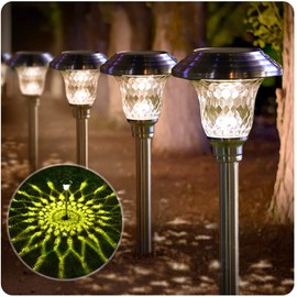 Beau Jardin 4 Pack Solar Pathway Lights Outdoor Stainless Steel Lights Solar Powered Waterproof Glass High Lumen Garden Landscape Path Yard Walkway Driveway Outside Color Changing Cool White Silver
