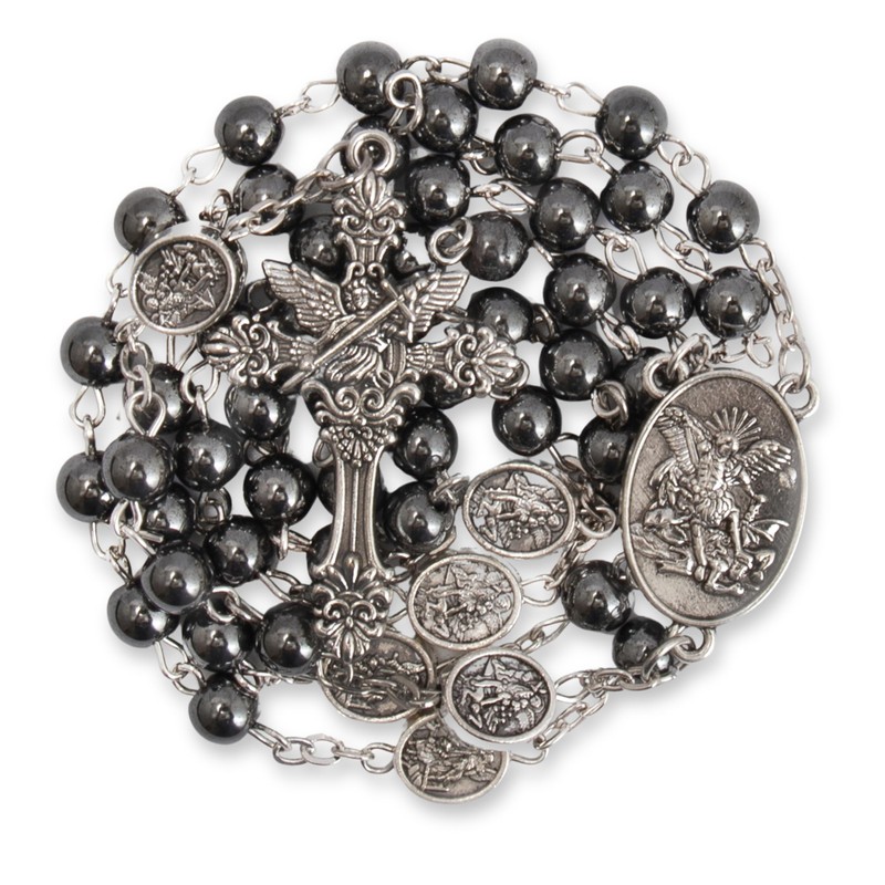 Nazareth Store St Michael Rosary Hematite Stone Beads Necklace Metal