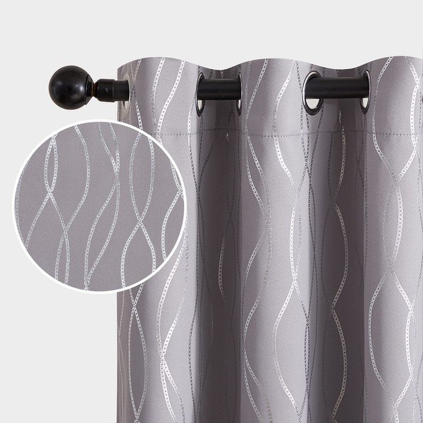 Topfinel 100% Blackout Curtains 84 Inch Length for Living Room, Thermal Insulated Double Layer Silver Foil Wave Printed Grommet Drapes (52 x 84 Inch, Light Grey, 2 Panels)