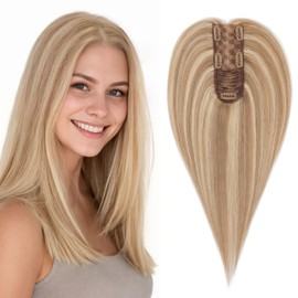 Hairro Human Hair Toppers For Women No Bangs Remy Top Hair Pieces Clip On Wiglet Hair Extensions Balayage Toupee Hairpiece 14 Inch 43g #12P613 Golden Brown Mix Bleach Blonde