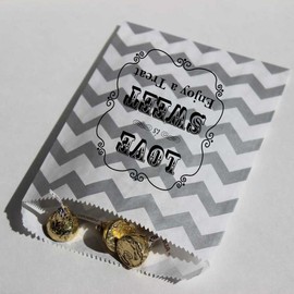 Bakers Bling Wedding Party Favor Bags with Stickers, Silver and White Chevron Stripe Love is Sweet Enjoy a Treat Candy Bags, 5.5 x 7.5, Set of 48 Bags and 48 Stickers