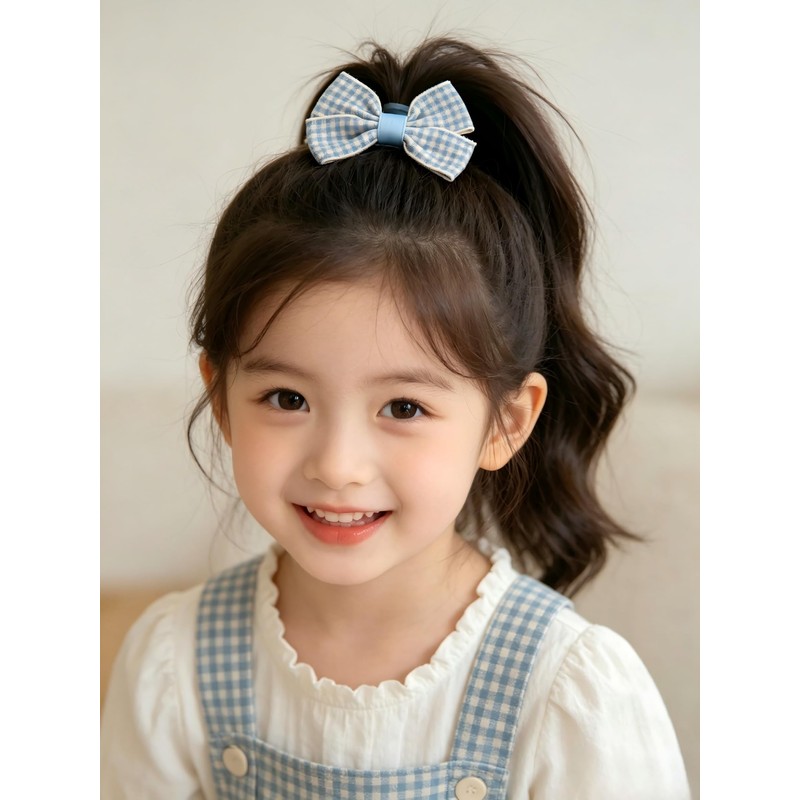 女の子用 水色チェックリボン ヘアゴム&クリップセット 2セット計4個入り 幼稚園 普段使い お出かけ 姉妹お揃い ヘアアクセサリー (ブルー)bl