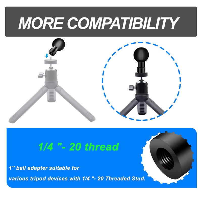 1'' Ball Adapter with 1/4"-20 Threaded Hole Compatible with RAM