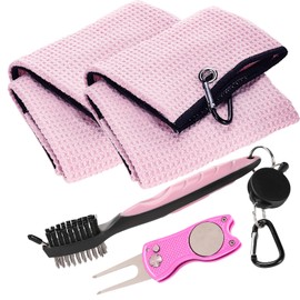 Aulock Golf Towel and Brush Set, Microfiber Towels for Golf Bags, Golf Club Cleaning Kit with Ball Marker Golf Divot Tool Brush for Women, Pink