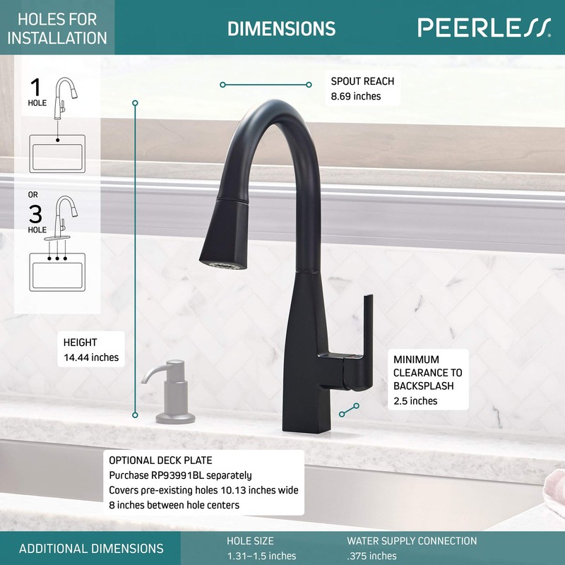 Peerless P7919LF-BL Single-Handle Kitchen Faucet Pull-Down, Matte Black