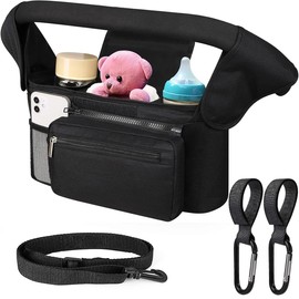 Organizador Universal para Carriola con Portavasos, Bolsa de Almacenamiento Ajustable, Compatible con Uppababy, Nuna, Baby Jogger y Más, Color Negro